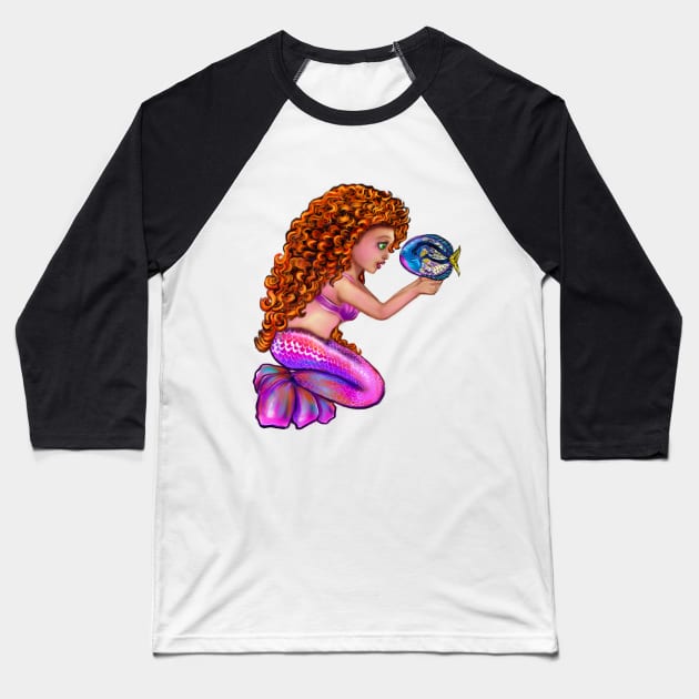 Mermaid Red head anime mermaid with blue tang fish, beautiful girl with Amber hair, green eyes and Cherry pink lips Baseball T-Shirt by Artonmytee